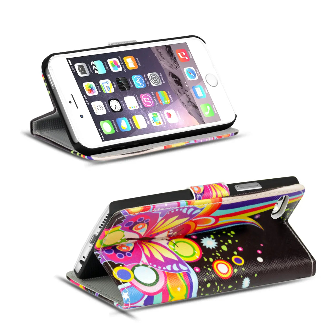 iPhone 7 Plus/8 Plus Klapphülle, buntes Schmetterlingsmotiv, Kunstleder, von vorne/unten gezeigt.