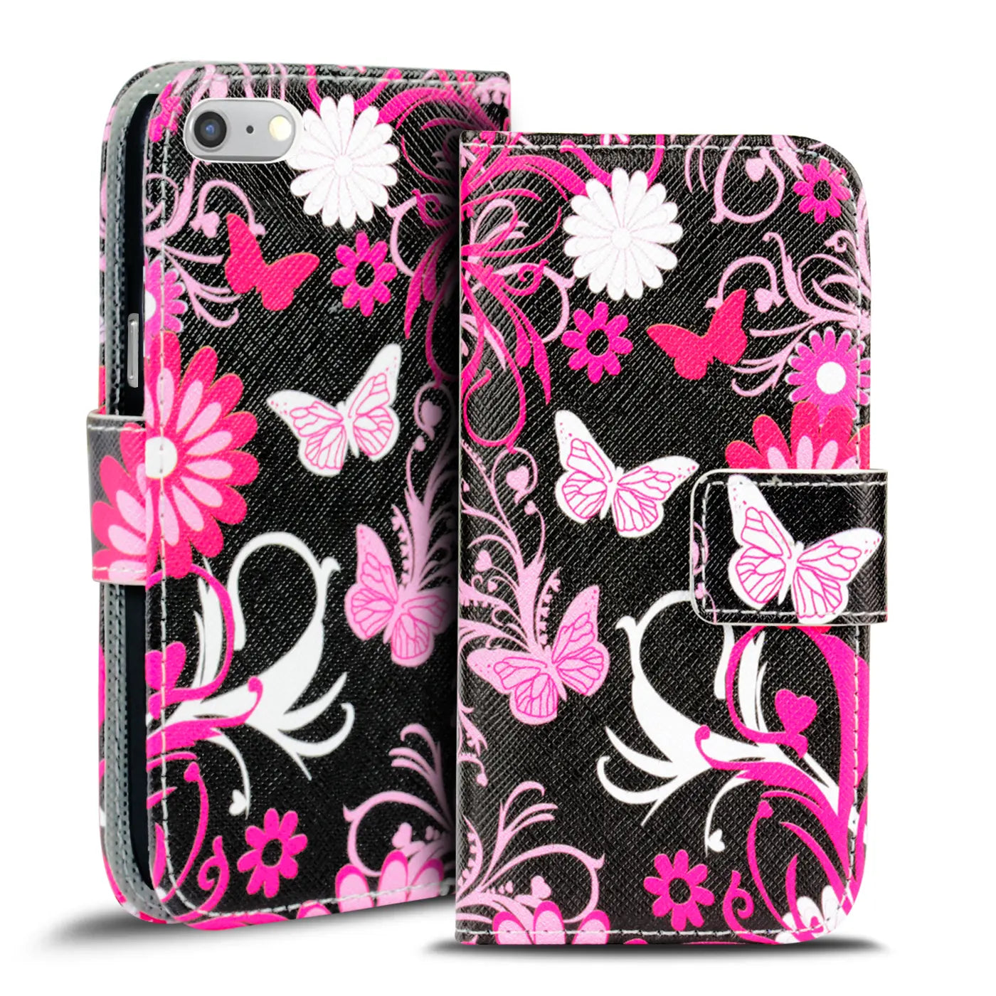 Klapphülle mit Schmetterlingsmotiv für iPhone 7 Plus/8 Plus, schwarz/pink, Kunstleder