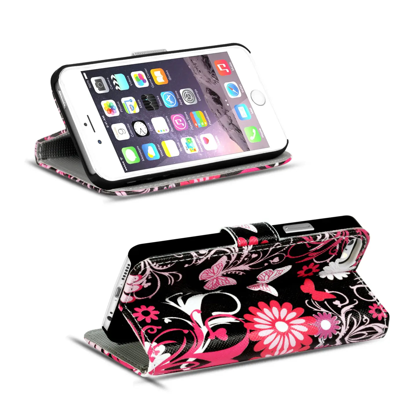 iPhone 7 Plus/8 Plus Klapphülle, schwarz mit pinken Blumen/Schmetterlingen, Kunstleder, Seitenansicht