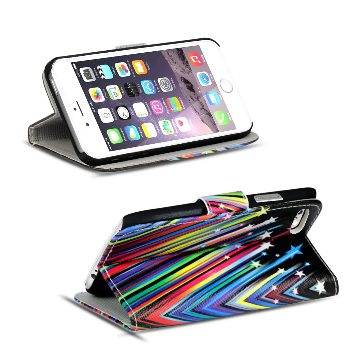 iPhone 7 Plus/8 Plus Klapphülle aus Kunstleder, bunter Sternen-Print, von vorne und schräg