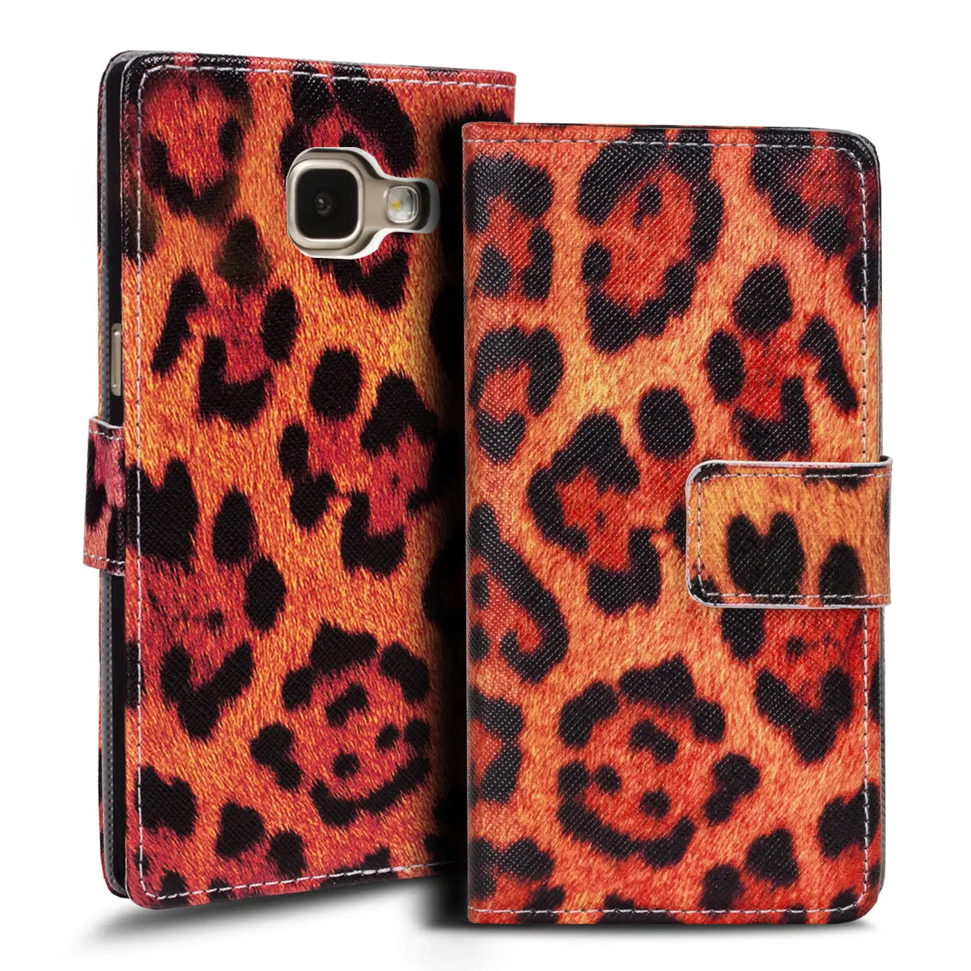 Orange/schwarze Leopardenmuster-Klapphülle aus Kunstleder für Samsung Galaxy A5 2016.