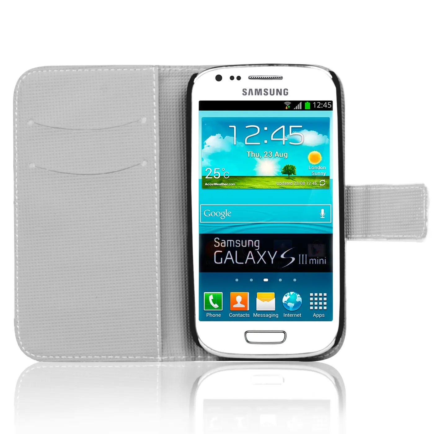 Graue Kunstleder-Klapphülle mit Kartenfach, Samsung Galaxy S3 Mini von vorne.