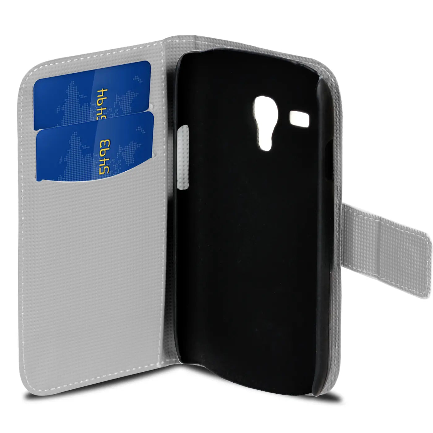 Graue Klapphülle aus Kunstleder mit Kartenfach, zeigt Rückseite eines schwarzen Samsung S3 Mini.