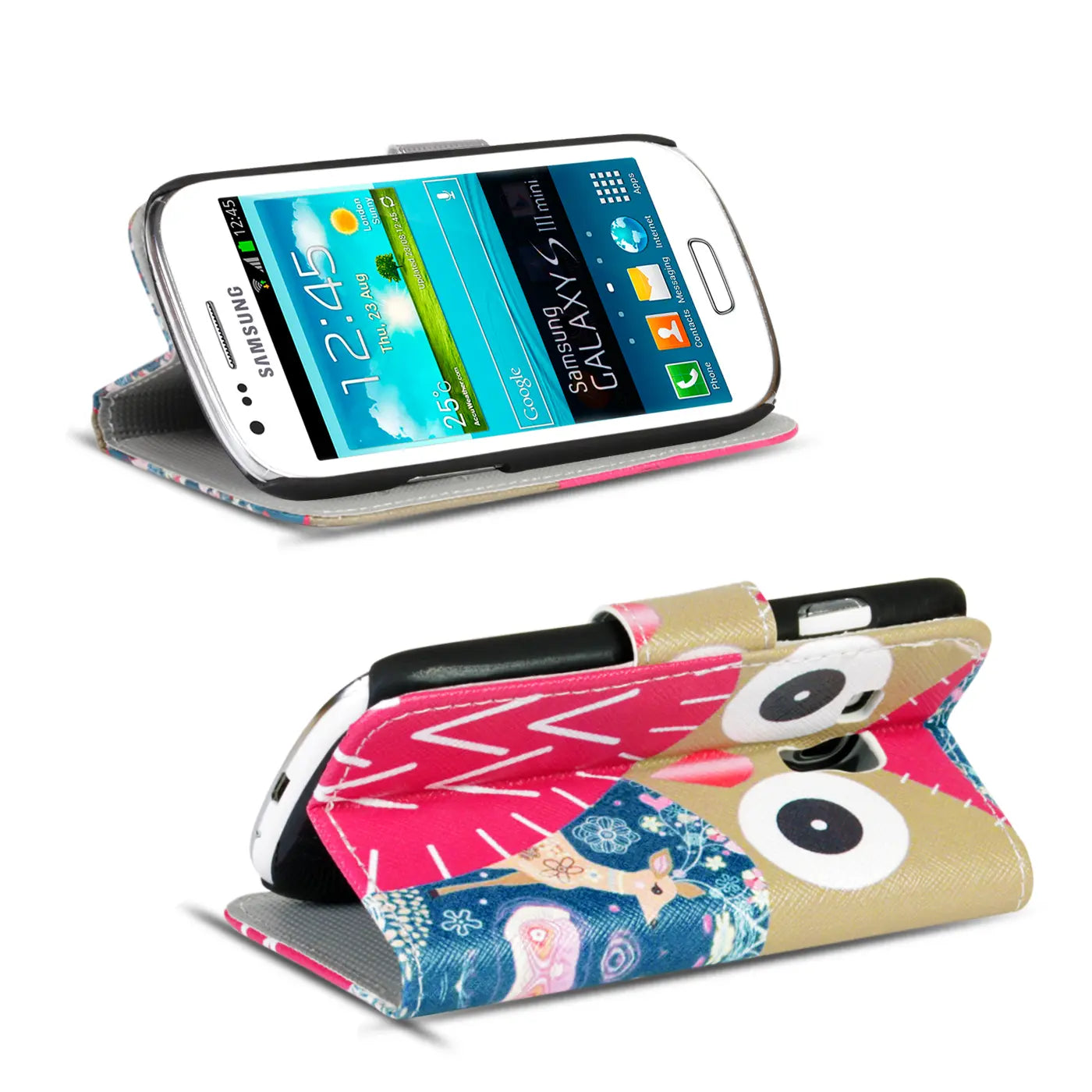 Samsung Galaxy S3 Mini Klapphülle, Kunstleder, Motiv Eule, von vorne/oben