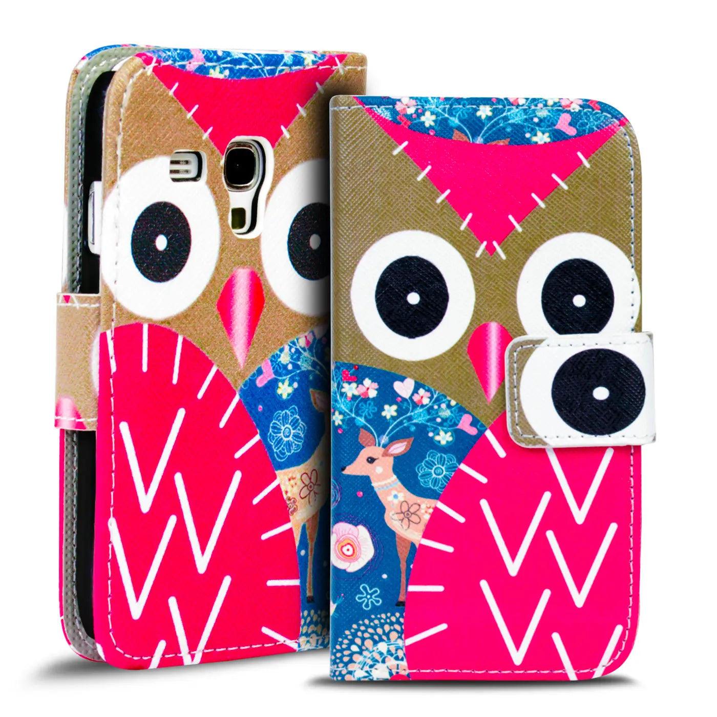 Zwei bunte Klapphüllen mit Eulenmotiv, eine davon zeigt ein Reh, für Samsung S3 Mini.