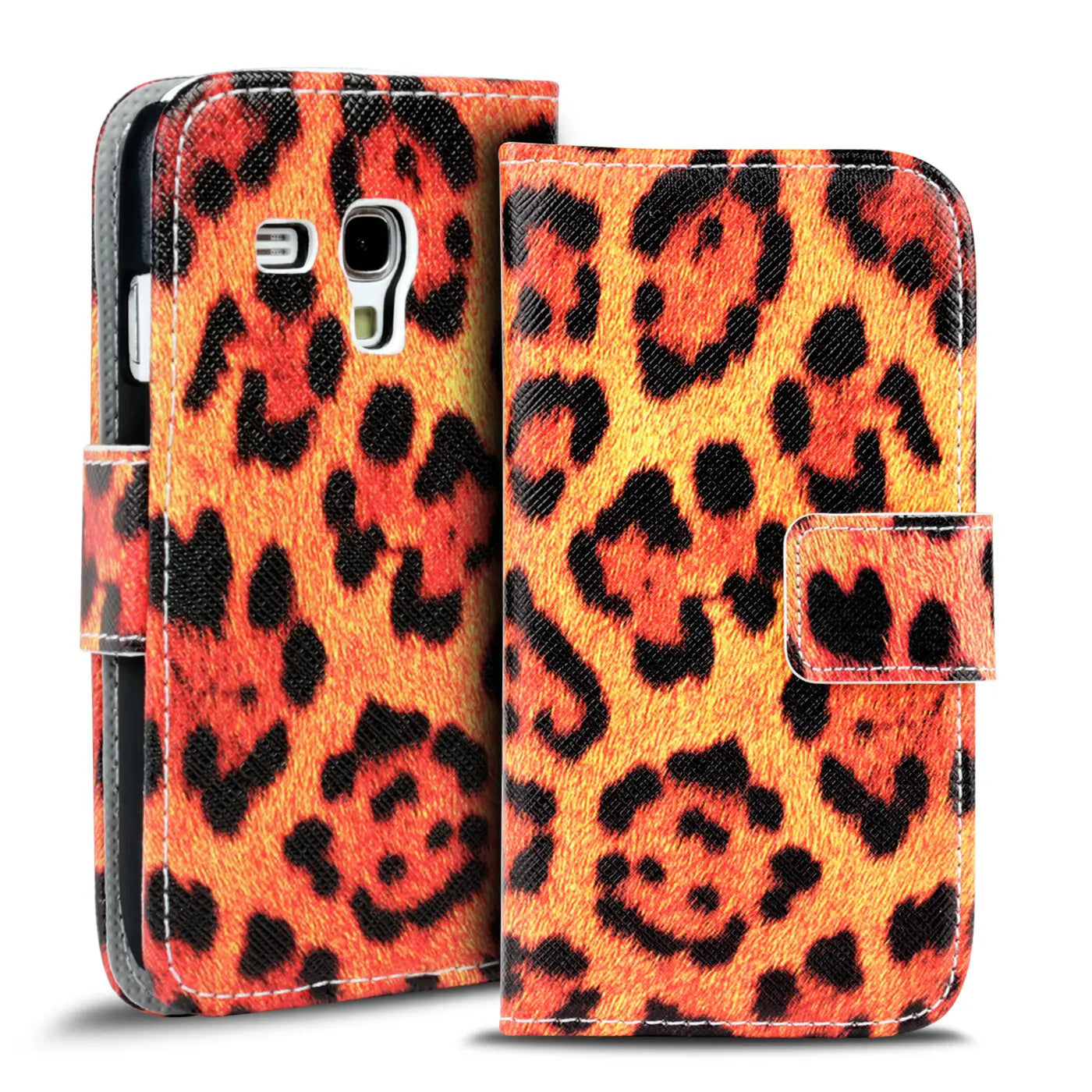 Orange/schwarze Leopardenmuster-Klapphülle aus Kunstleder, Vorderansicht, für Samsung S3 Mini.