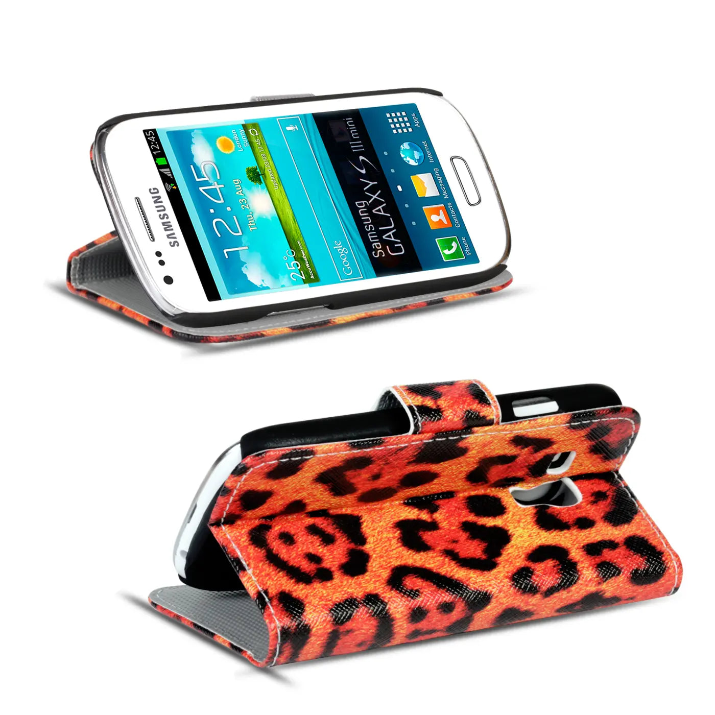 Samsung Galaxy S3 Mini in orange-schwarzer Leo-Muster Klapphülle, von vorne und von der Seite