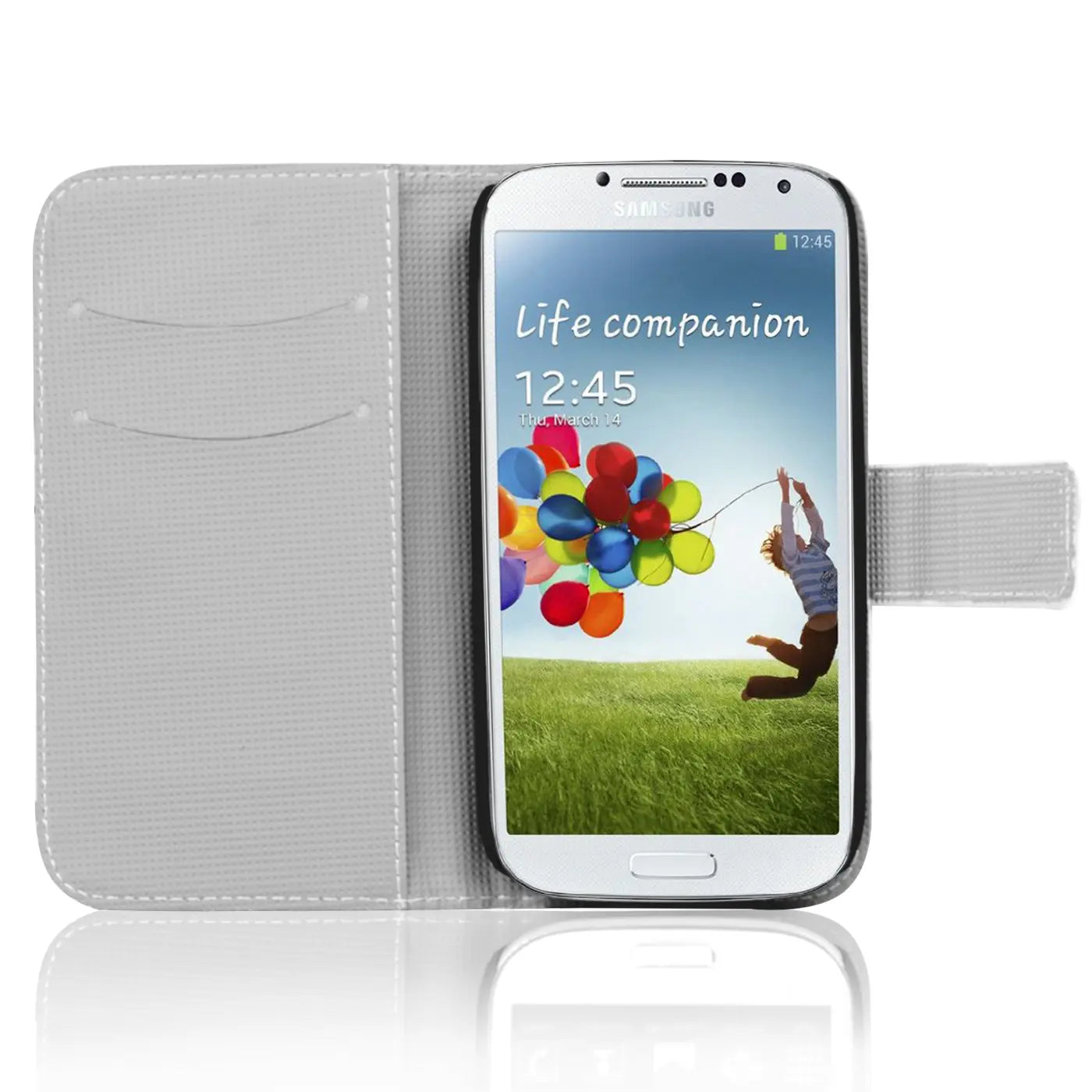Graue Klapphülle aus Kunstleder mit Kartenfächern, zeigt Samsung Galaxy S4.