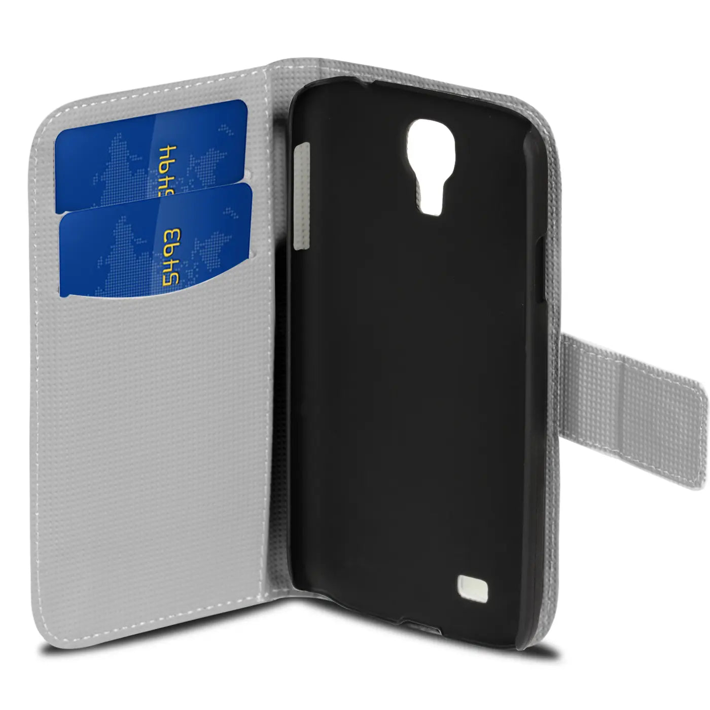 Graue Klapphülle aus Stoff mit Kartenfach, offen, zeigt schwarze Innenseite für Samsung S4.