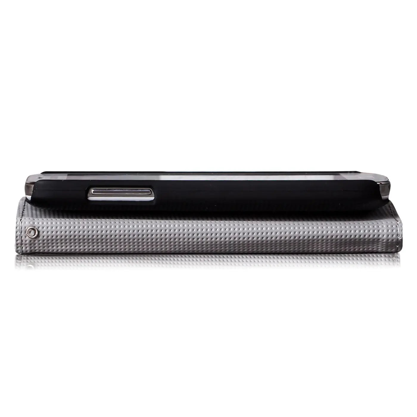 Graue Klapphülle aus Kunstleder mit Kartenfach, darauf ein schwarzes Samsung Galaxy S4.