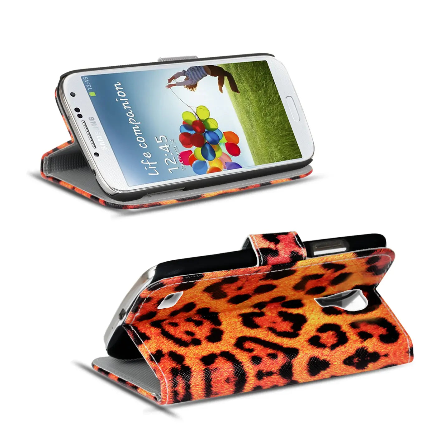 Samsung Galaxy S4 in orange/schwarzer Leoparden-Klapphülle, Leder-Optik, von vorne/oben