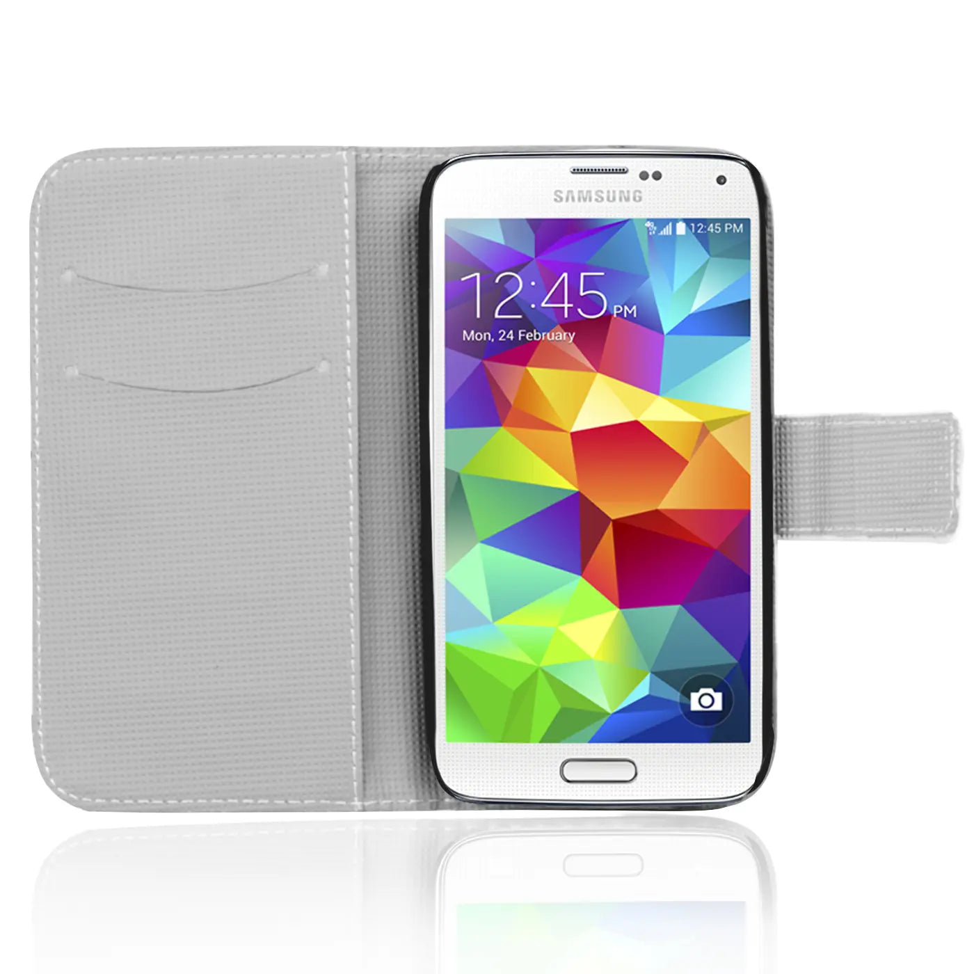 Graue Klapphülle aus Stoff mit Kartenfach, zeigt Samsung Galaxy S5/S5 Neo, Frontansicht.