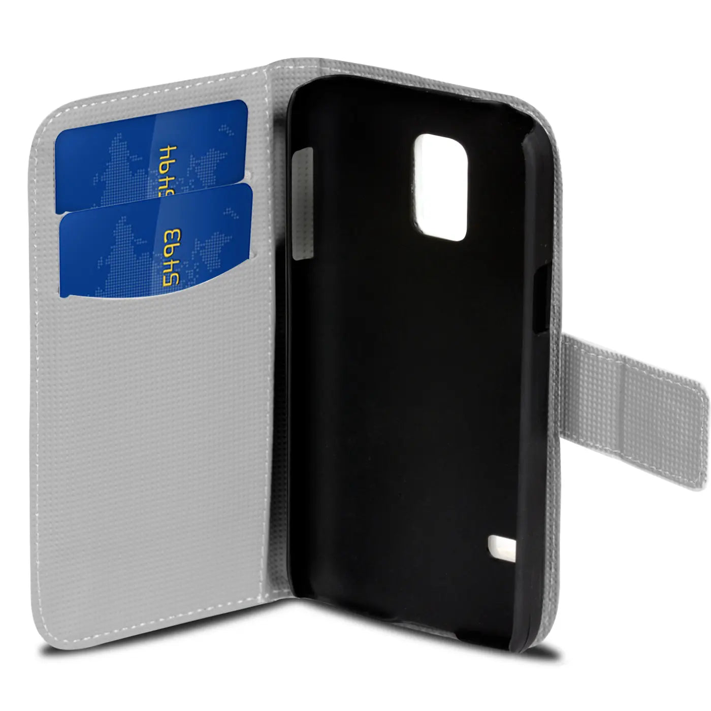 Graue Klapphülle mit Kartenfach, offen, für Samsung Galaxy S5/S5 Neo, von vorne
