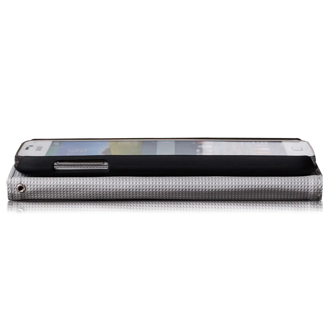 Samsung Galaxy S5/S5 Neo Klapphülle, grau, Textil, von der Seite, mit Handy