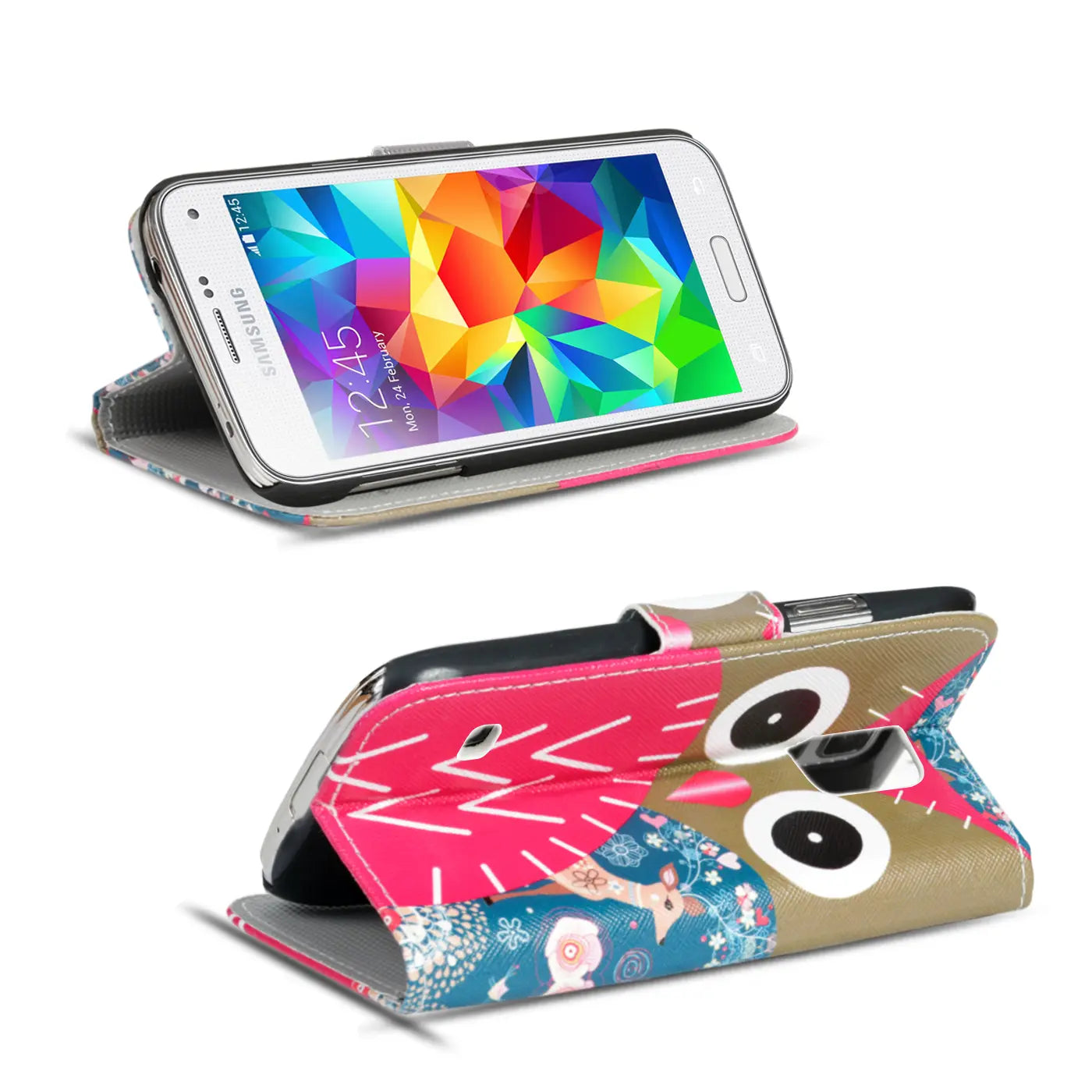 Samsung S5/S5 Neo Klapphülle, Kunstleder, Motiv Eule, von vorne