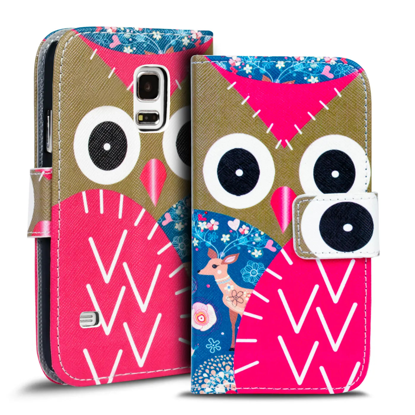 Samsung S5 Klapphülle mit Eulenmotiv, Kunstleder, Vorderansicht
