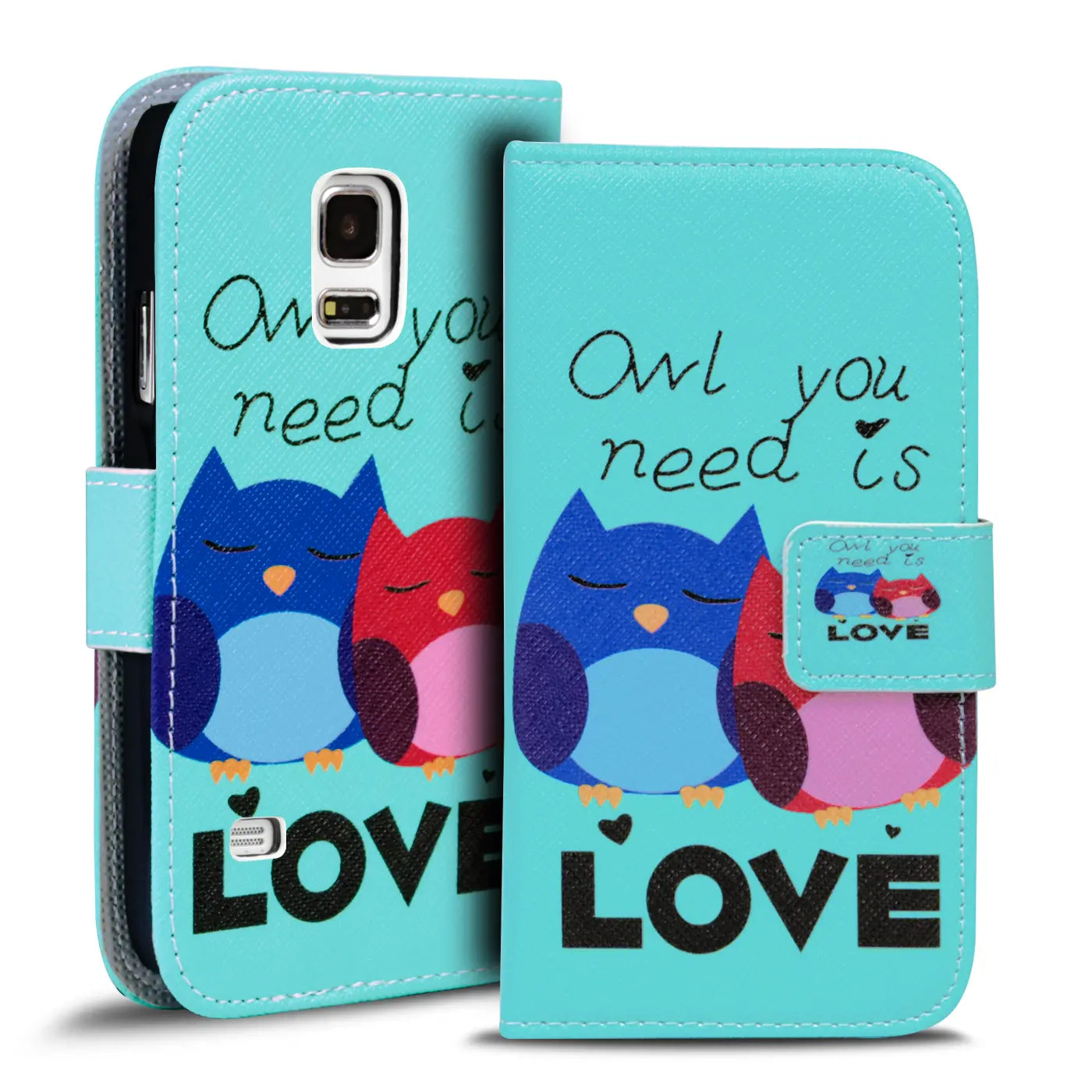 Hellblaue Klapphülle aus Kunstleder mit Eulenmotiv für Samsung Galaxy S5/S5 Neo, Vorderansicht.