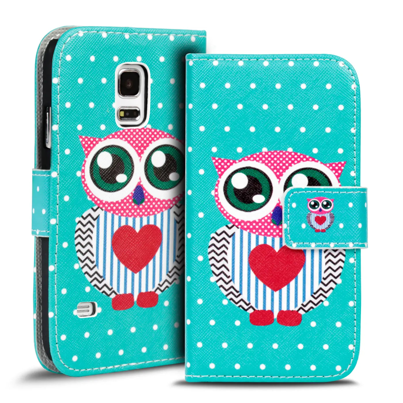 Türkis-weiße Punkte, Klapphülle mit Eulenmotiv, Samsung S5/S5 Neo, Kartenfach