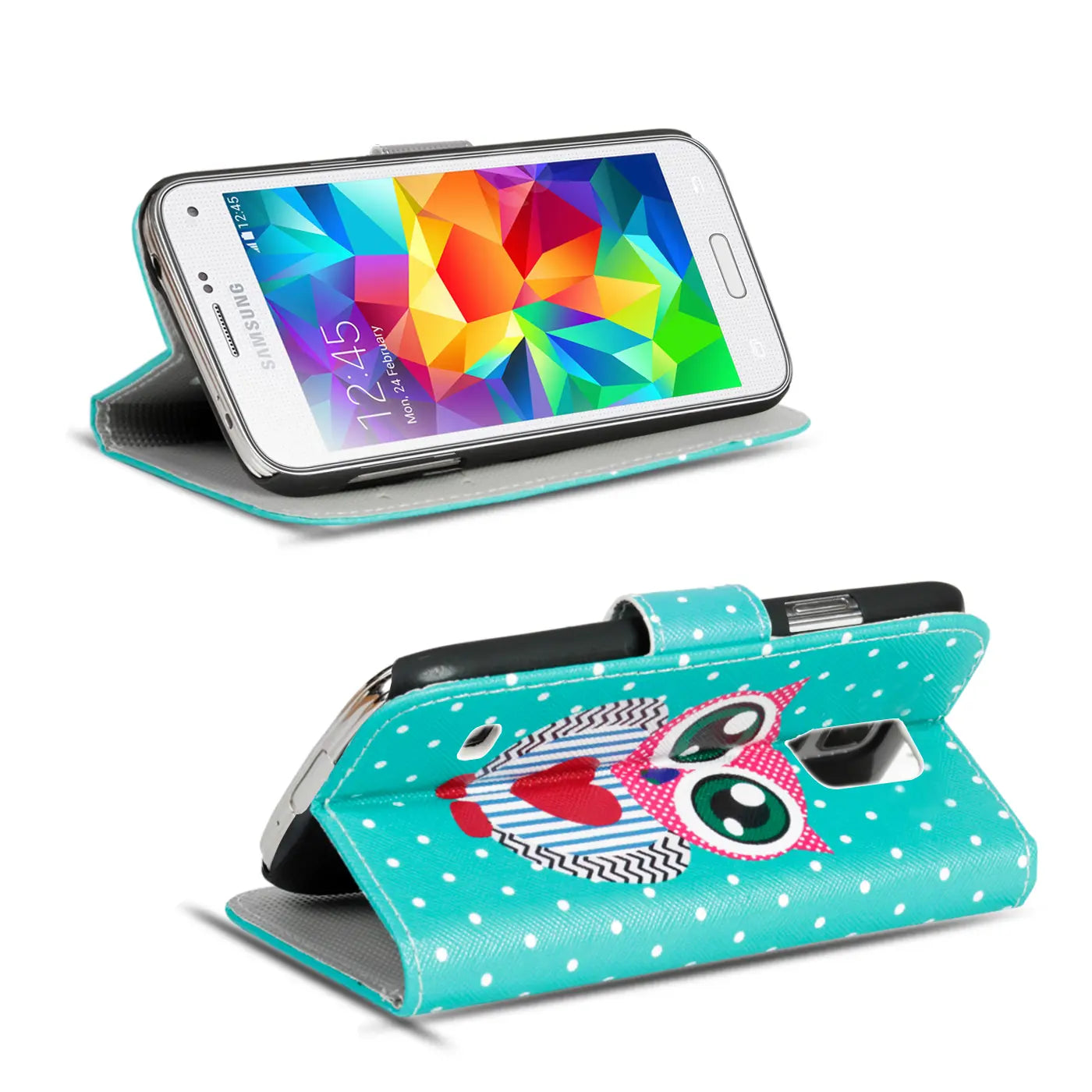 Türkis-weiße Klapphülle mit Eulenmotiv für Samsung Galaxy S5/S5 Neo, von vorne/oben