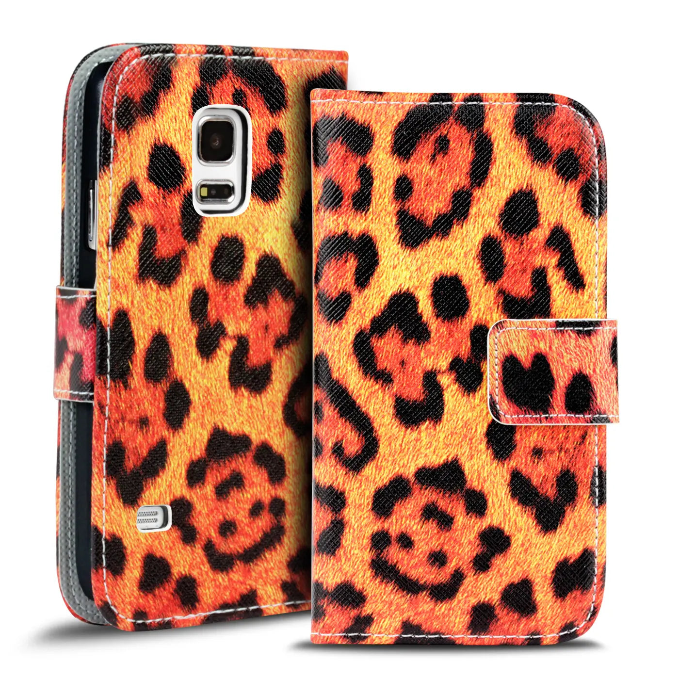 Orange/schwarze Leopardenmuster-Klapphülle aus Kunstleder für Samsung Galaxy S5/S5 Neo.