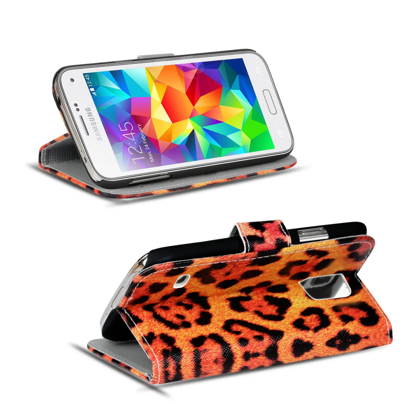 Klapphülle mit Leopardenmuster für Samsung Galaxy S5/S5 Neo, Lederoptik, von vorne und von oben