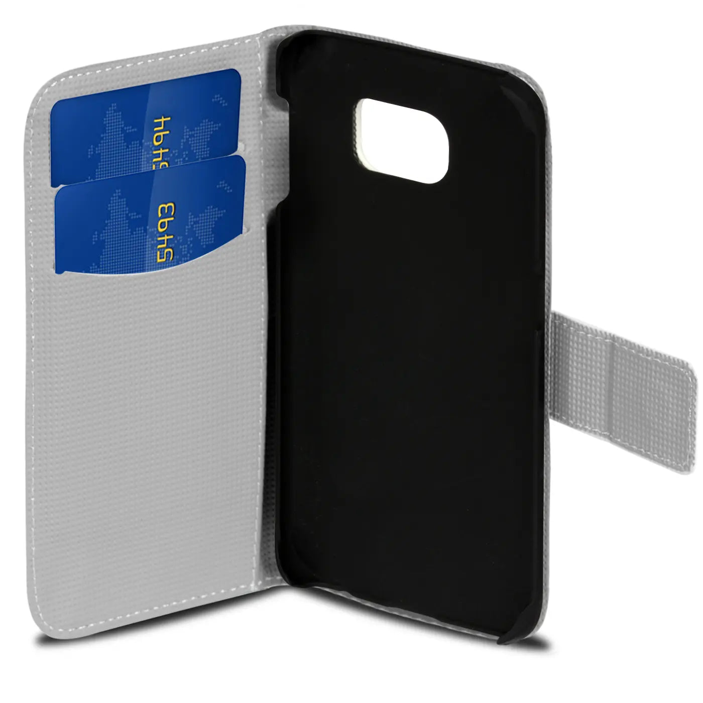 Graue Klapphülle aus Kunstleder mit Kartenfach, Vorderansicht, für Samsung S6 Edge.