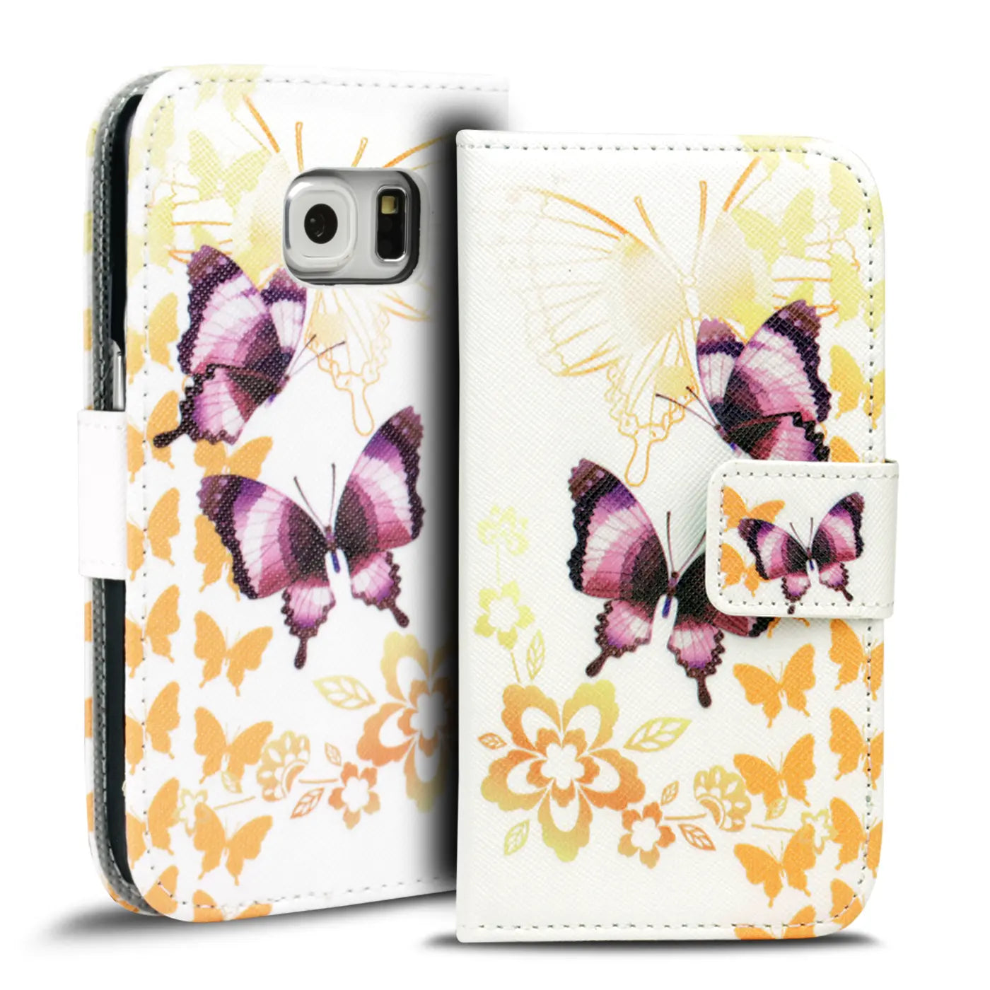 Weiße Klapphülle mit Schmetterlingsmotiv für Samsung Galaxy S6 Edge, Leder, Vorderansicht.