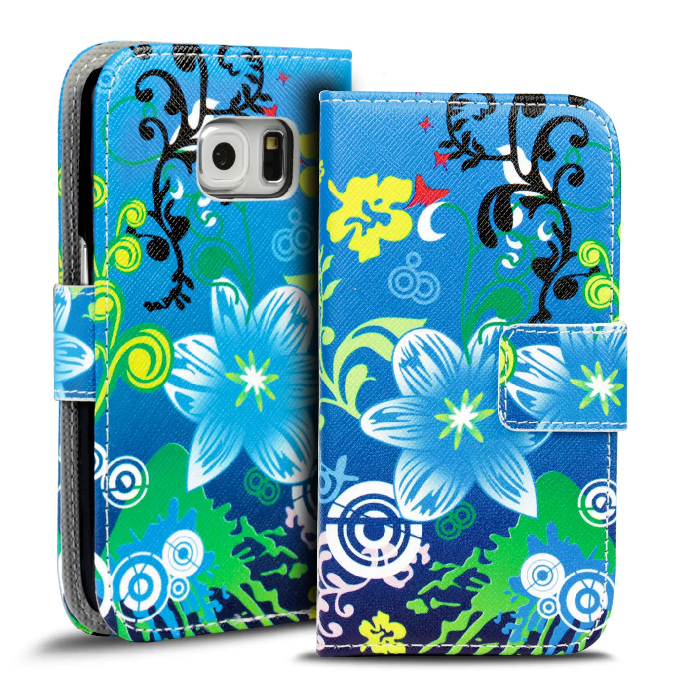 Blaue Klapphülle mit Blumenmuster für Samsung S6 Edge, Lederoptik, Frontalansicht.