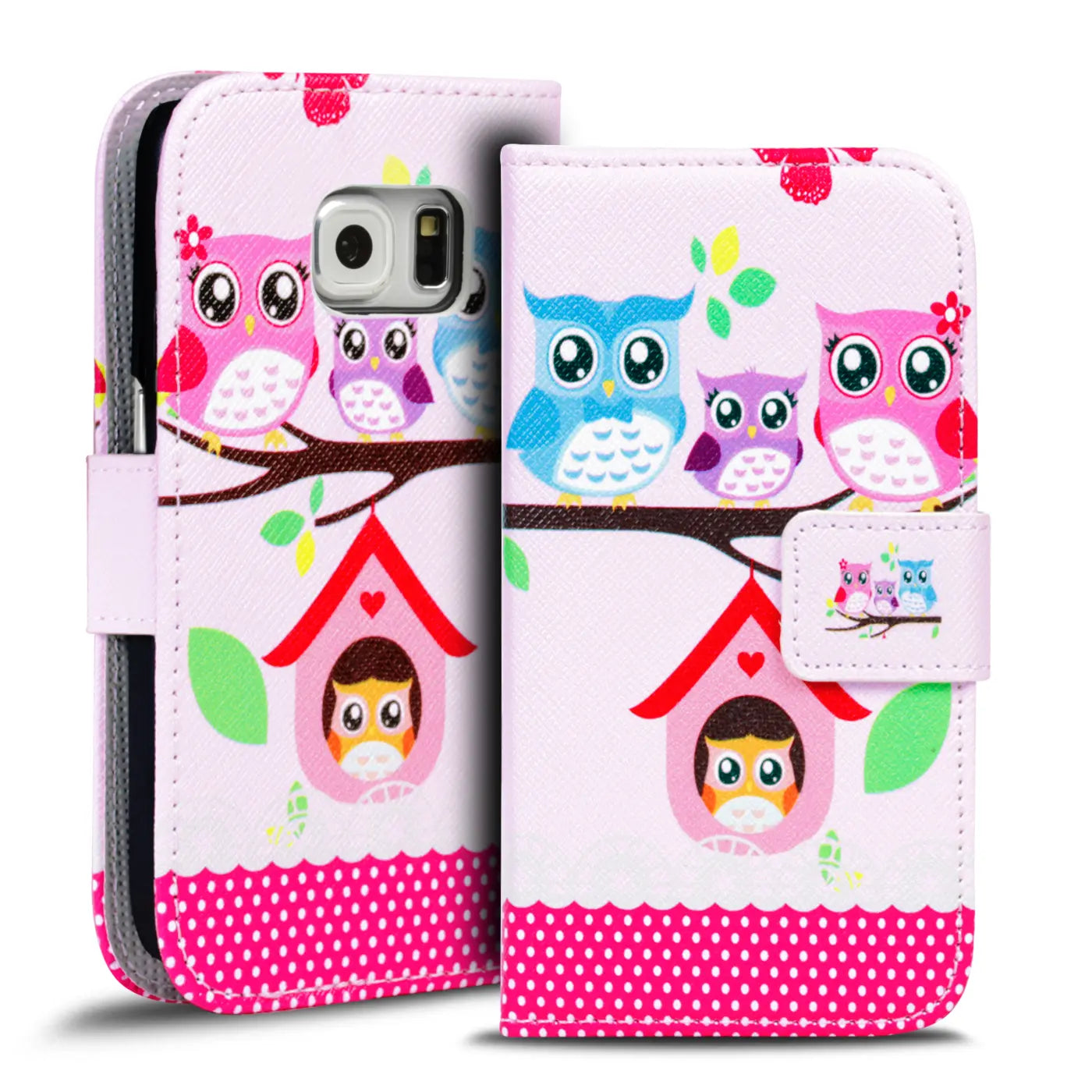 Rosa Klapphülle mit Eulenmotiv für Samsung S6 Edge, Kunstleder, Vorderansicht