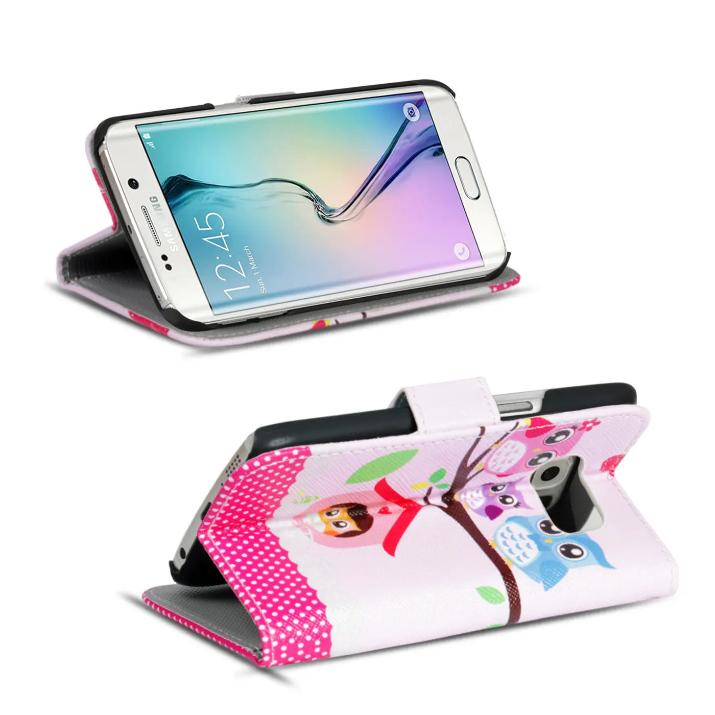 Samsung S6 Edge Klapphülle, pink, Kunstleder, mit Eulenmotiv, von vorne