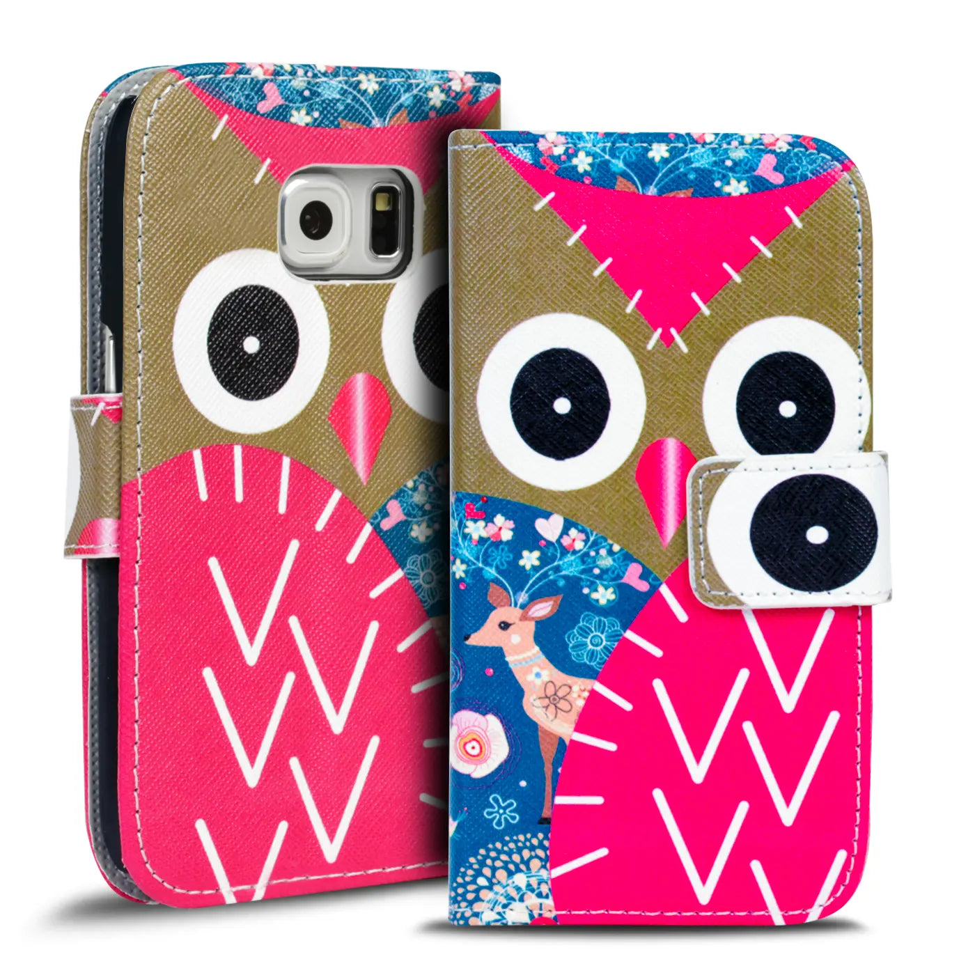Klapphülle mit Eulenmotiv, Kunstleder, Vorderansicht, für Samsung Galaxy S6 Edge.
