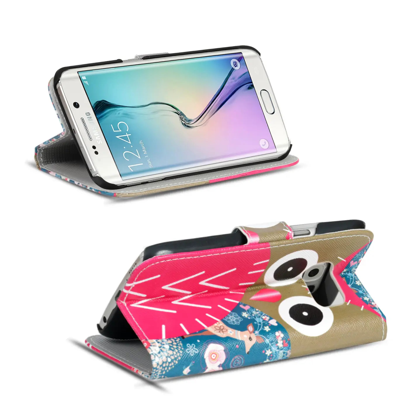 Samsung S6 Edge Klapphülle aus Kunstleder mit Eulenmotiv, von vorne/oben.
