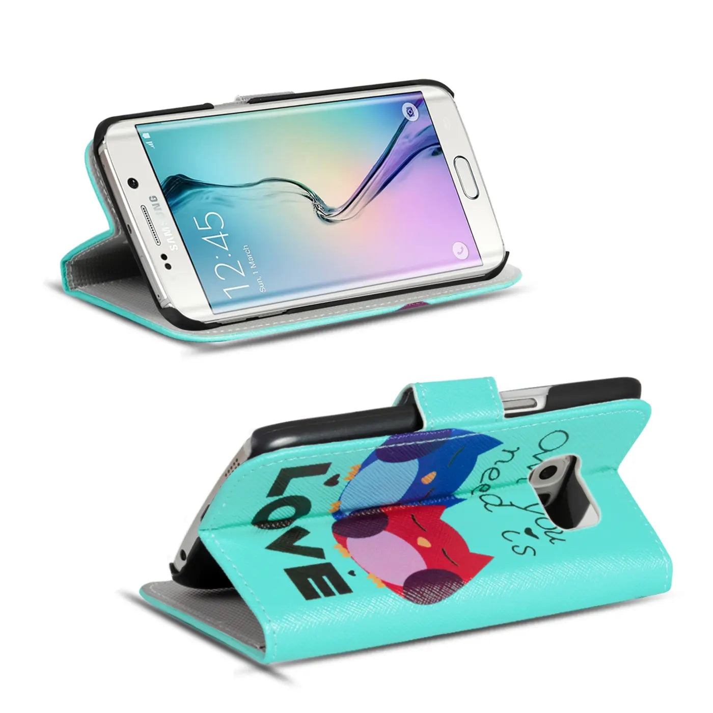 Türkisblaue Klapphülle aus Kunstleder mit Vogelmotiv für Samsung Galaxy S6 Edge, von vorne