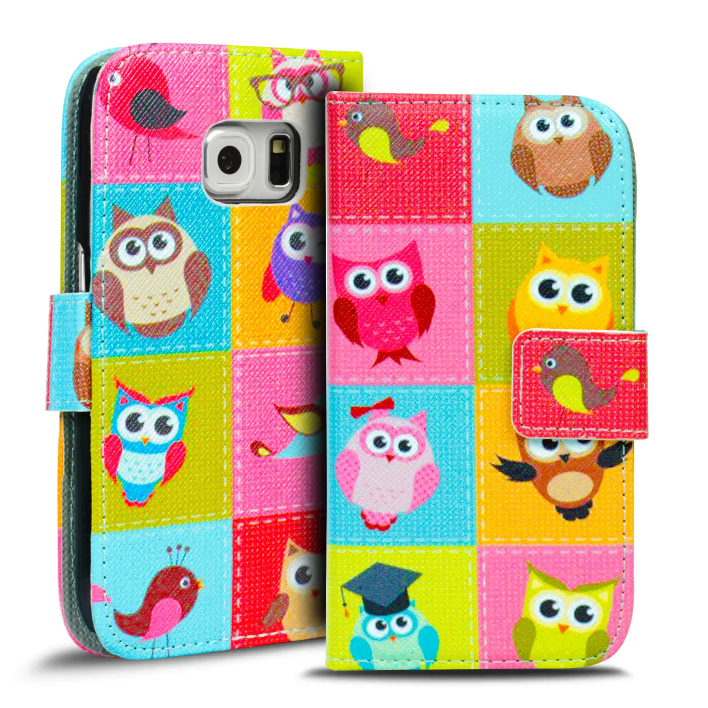 Bunte Klapphülle mit Eulen-Motiv für Samsung S6 Edge, Stoff, Frontalansicht.