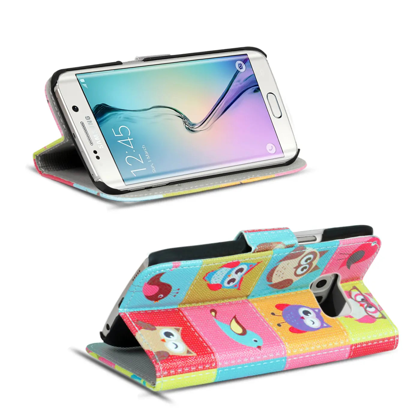 Samsung S6 Edge Klapphülle, bunt, Stoff, von vorn, mit Eulenmotiv.