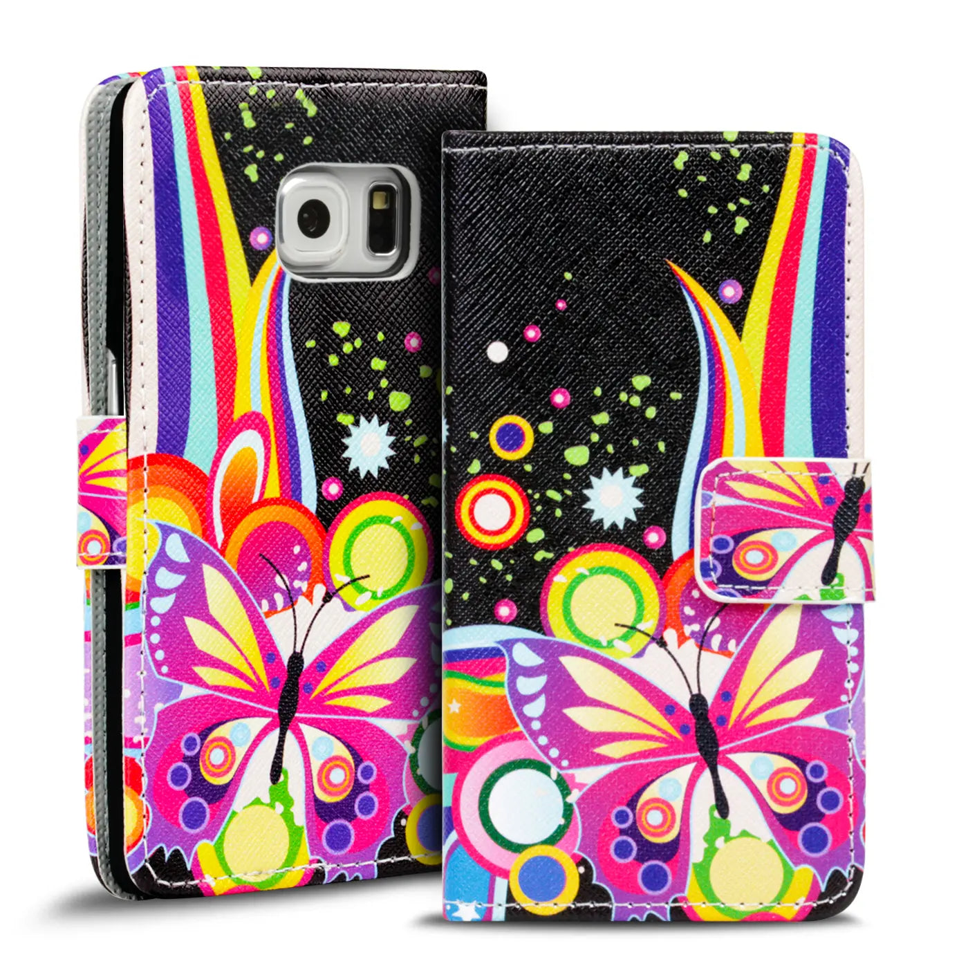 Samsung S6 Edge Klapphülle, buntes Schmetterlingsmotiv, Kunstleder, Vorderansicht