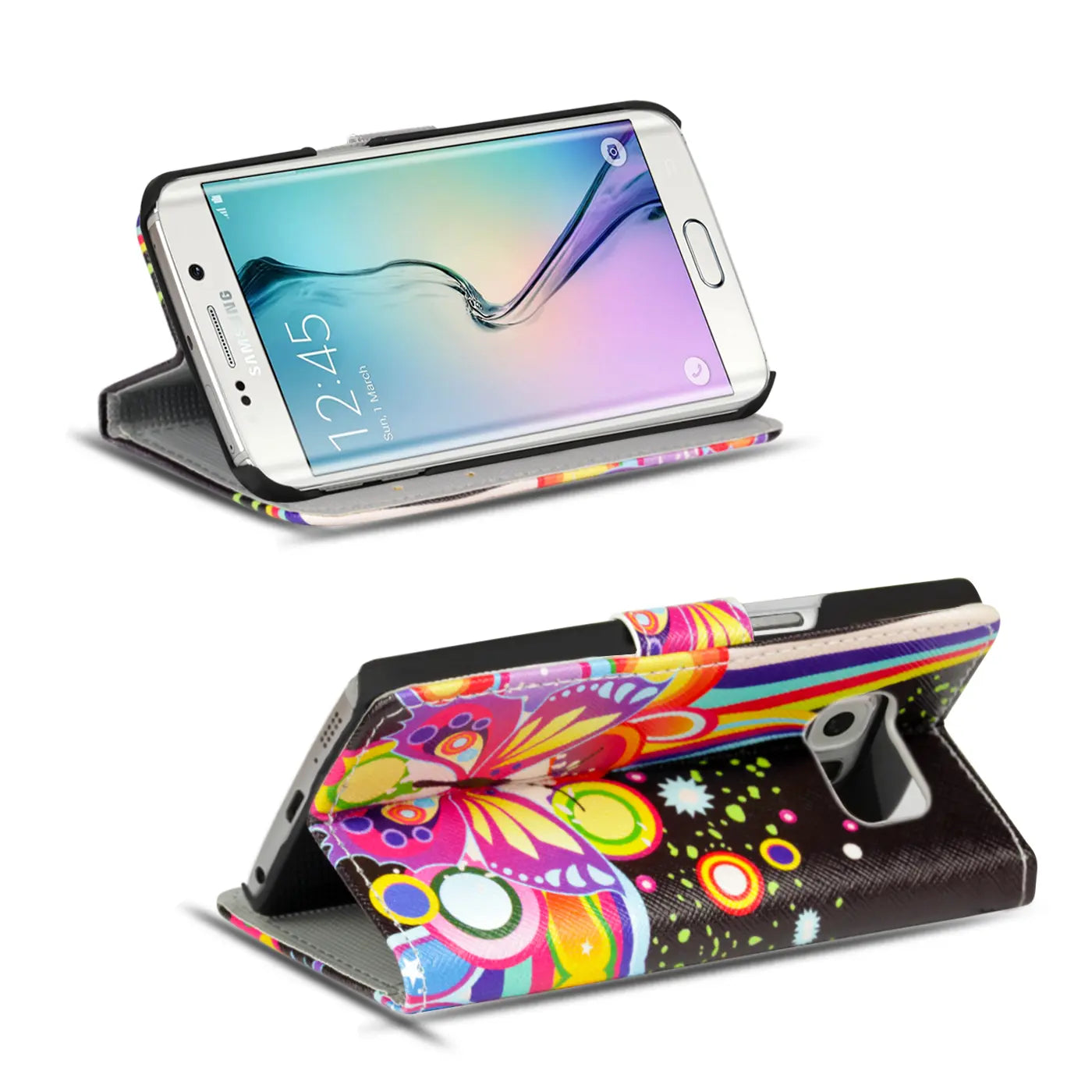 Samsung Galaxy S6 Edge Klapphülle, buntes Schmetterlingsmotiv, Kunstleder, von vorne/oben