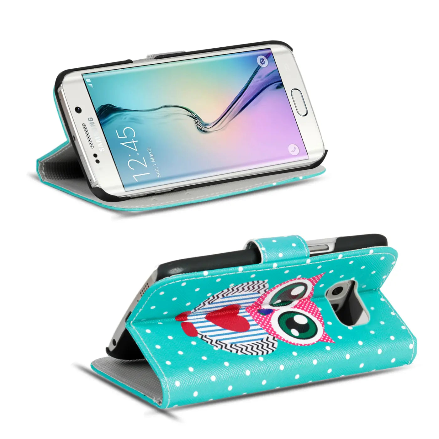 Türkis-weiße Klapphülle mit Eulenmotiv für Samsung S6 Edge, von vorne/oben.