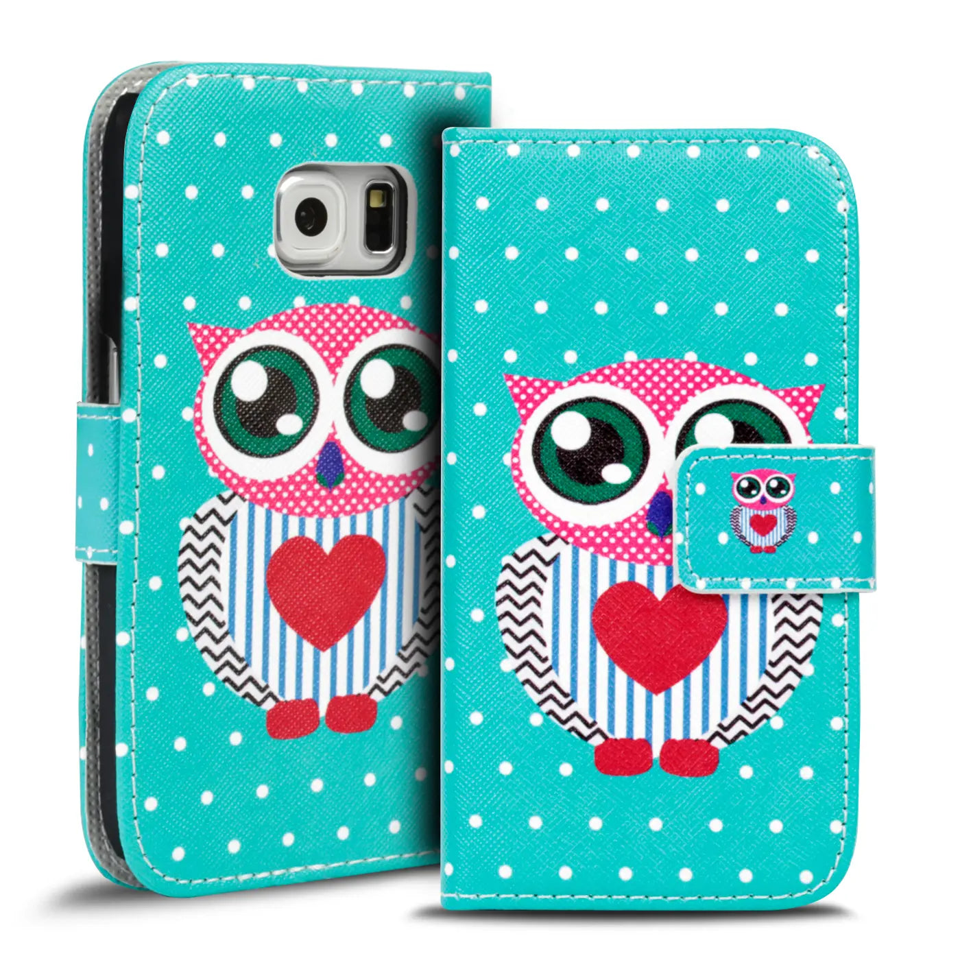 Türkis-weiße Punkte, Klapphülle mit Eulenmotiv, Kartenfach, Samsung S6 Edge