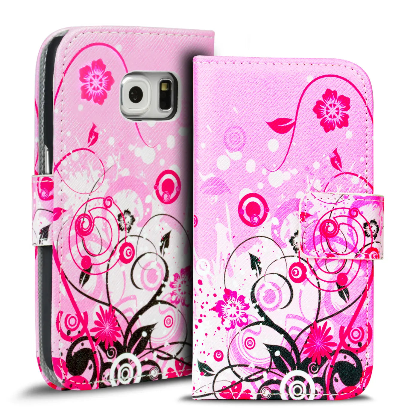 Rosa Klapphülle aus Kunstleder mit Blumenmuster für Samsung S6 Edge, Vorderansicht.