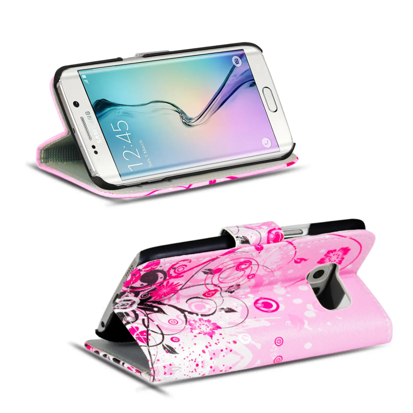 Rosa Klapphülle mit Blumenmuster für Samsung Galaxy S6 Edge, von vorne schräg