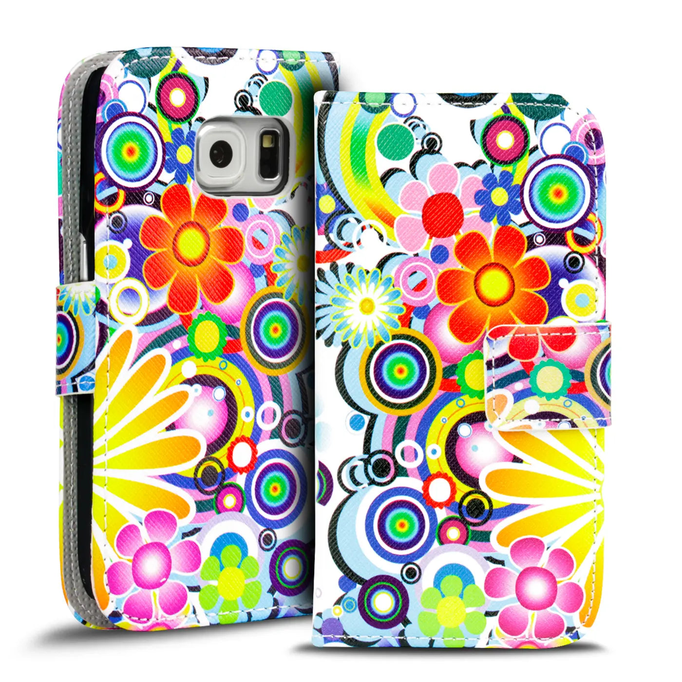 Samsung S6 Edge Klapphülle, buntes Blumenmuster, Kunstleder, Vorderansicht