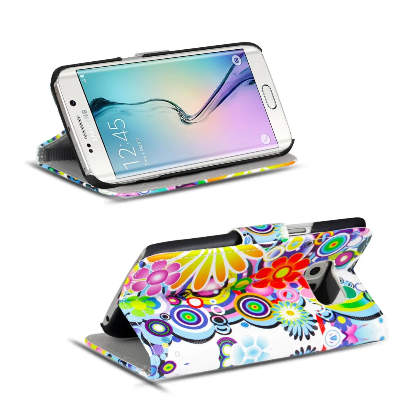 Samsung S6 Edge Klapphülle, buntes Blumenmuster, Kunstleder, von vorne/oben