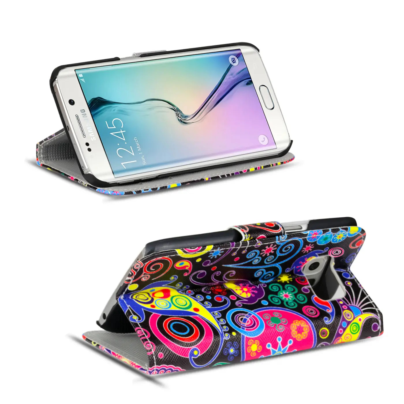 Samsung S6 Edge Klapphülle, buntes Muster, Leder-Optik, von vorne/oben