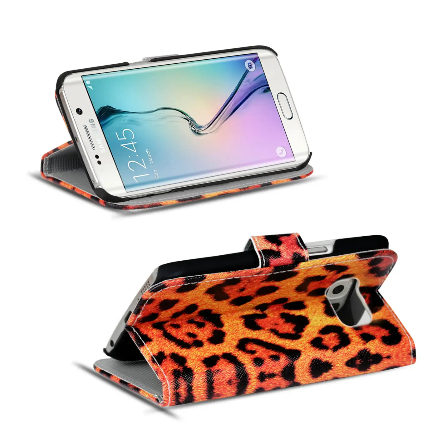 Orange/schwarze Klapphülle mit Leopardenmuster für Samsung Galaxy S6 Edge, von vorne/oben.