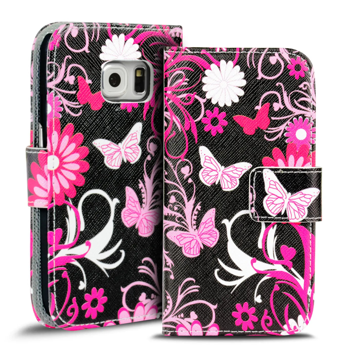 Schwarze Klapphülle mit rosa Schmetterlingen/Blumenmotiv für Samsung S6 Edge, von vorn