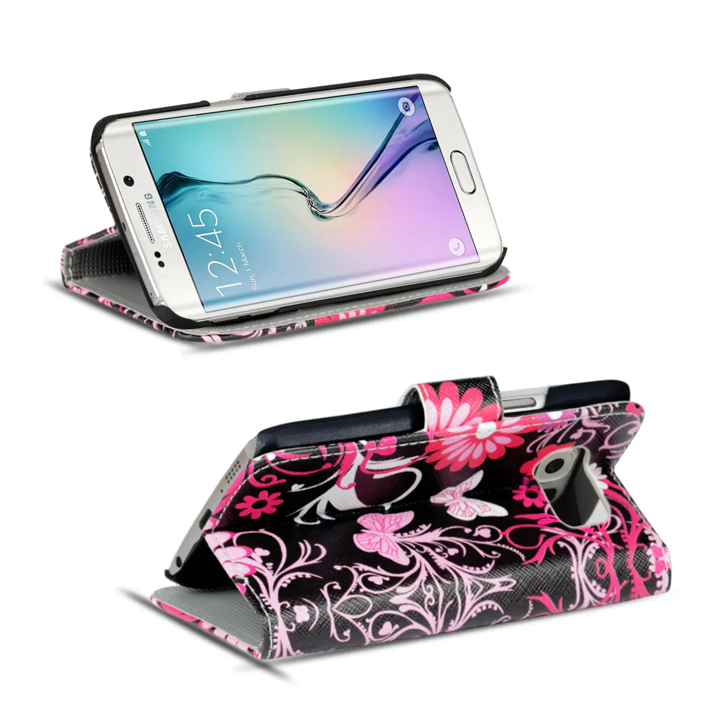 Samsung Galaxy S6 Edge Klapphülle, schwarz/pink, Blumenmuster, Leder-Optik, von vorne/seitlich