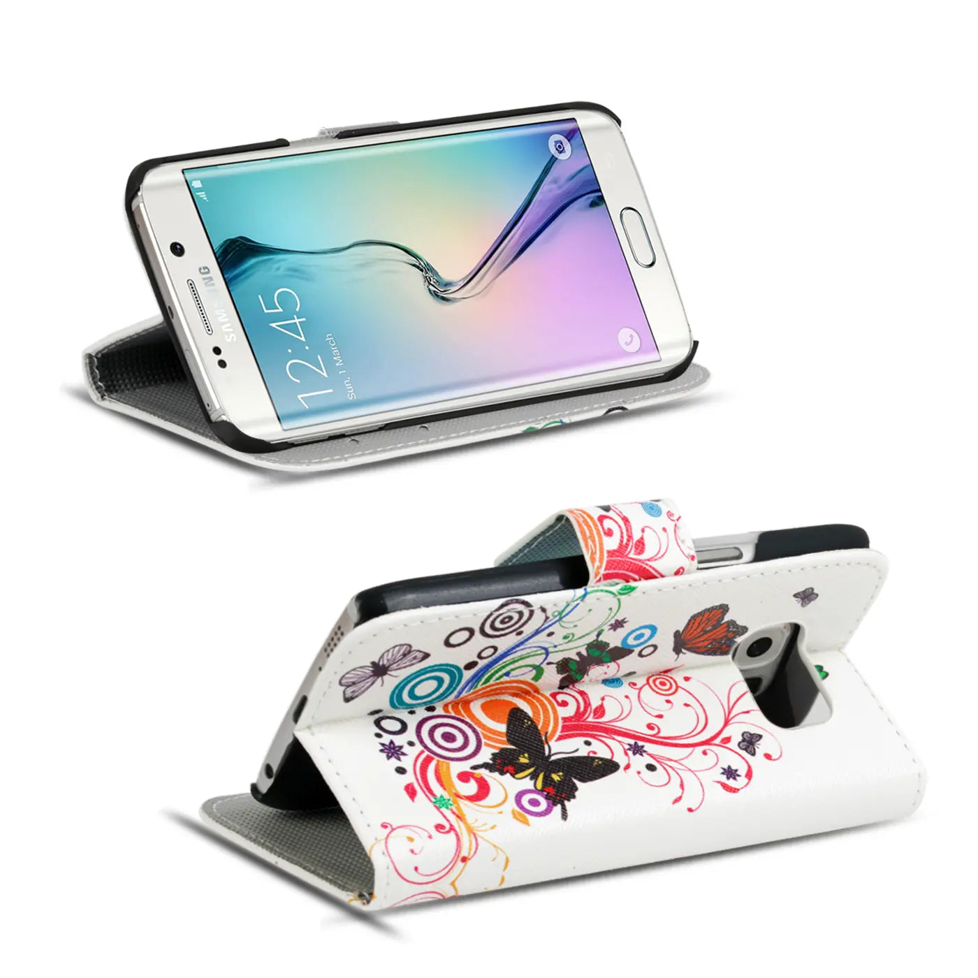 Weiße Klapphülle mit Schmetterlingsmotiv für Samsung Galaxy S6 Edge, von vorne/oben.