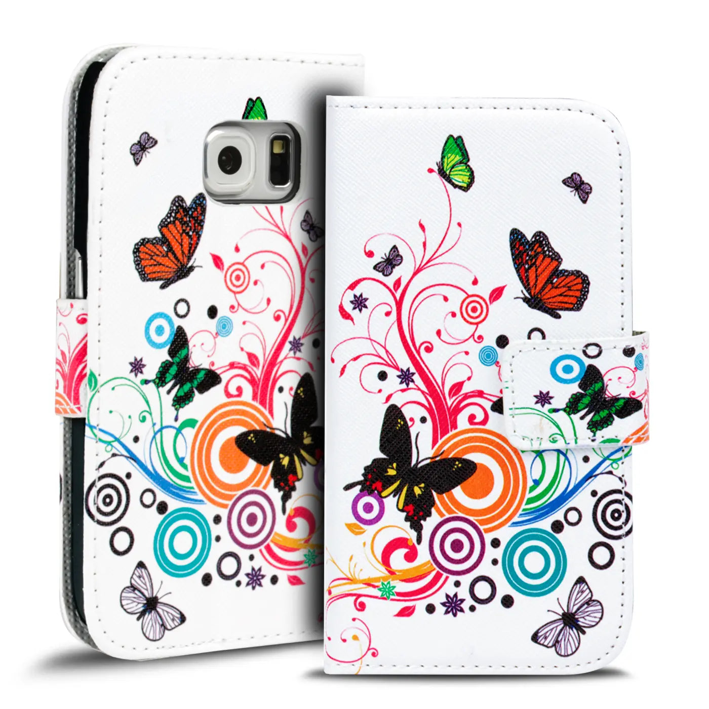 Weiße Klapphülle mit Schmetterlingsmotiv für Samsung S6 Edge, Leder, von vorne