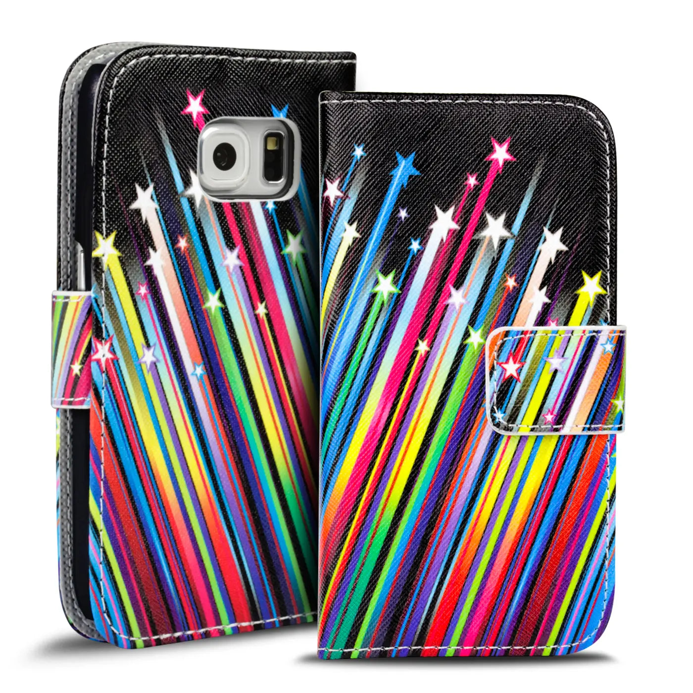 Schwarze Klapphülle mit Sternenmotiv für Samsung S6 Edge, Kunstleder, Vorderansicht